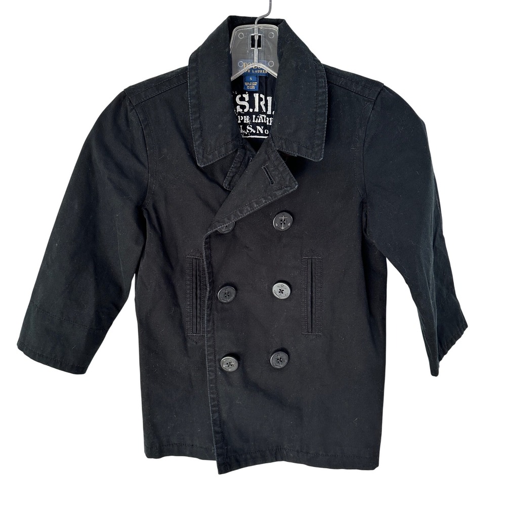Polo Ralph Lauren Boys Black Cotton Twill Double Breasted Peacoat Jacket